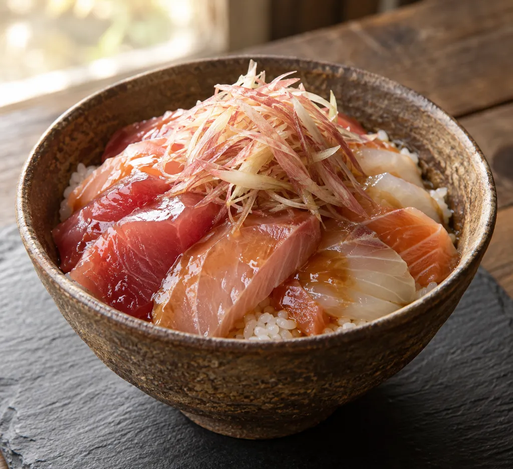 刺身盛り合わせとみょうがの海鮮丼の完成イメージ
