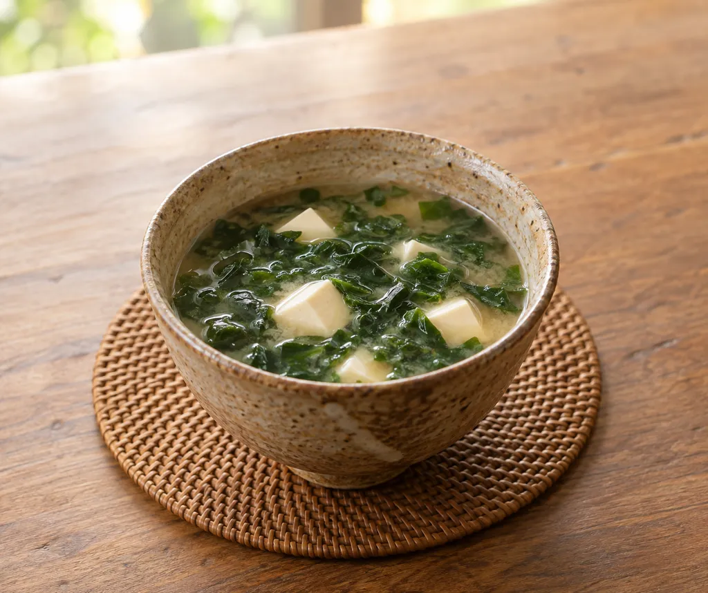 モロヘイヤと豆腐の味噌汁の完成イメージ