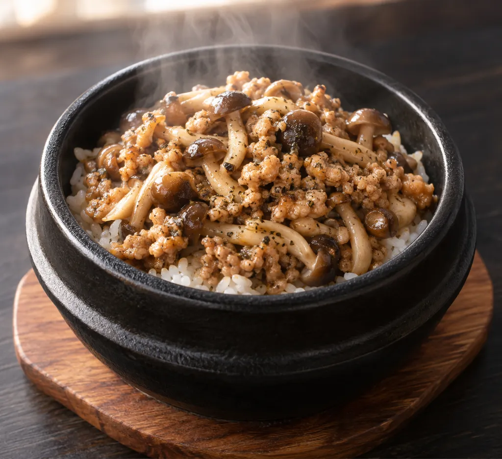鶏ひき肉としめじのバジル炒め丼の完成イメージ