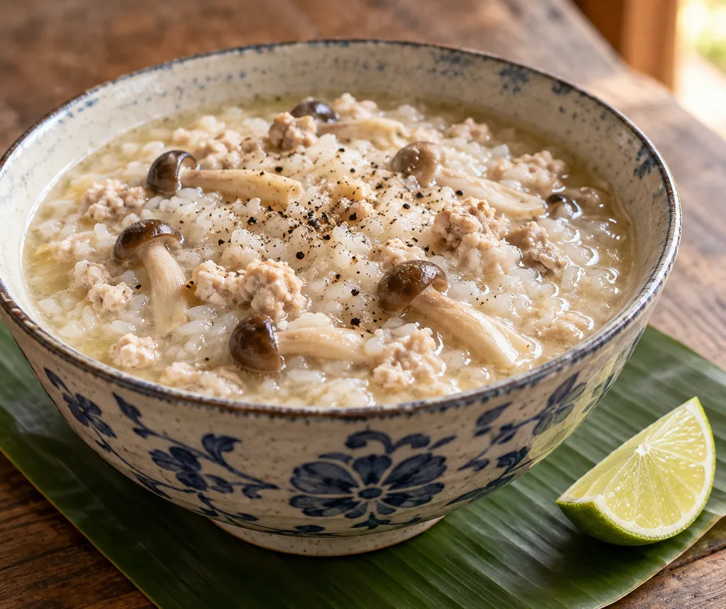 鶏ひき肉としめじのタイ風おかゆの完成イメージ