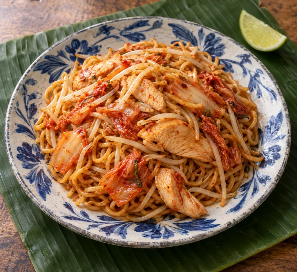 鶏むね肉ともやしのキムチ焼き麺の完成イメージ