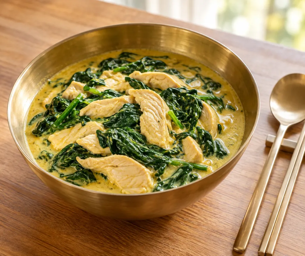 鶏むね肉とほうれん草のココナッツ煮の完成イメージ