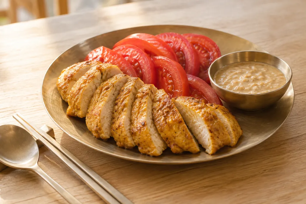 鶏むね肉とトマトのサテ風ごまだれ焼きの完成イメージ