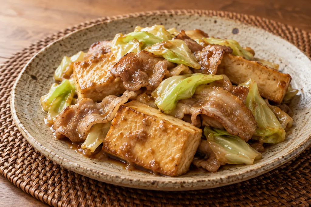 豆腐と豚バラ肉の味噌炒めの完成イメージ