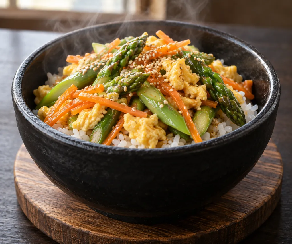 アスパラガスとにんじんのナムル丼の完成イメージ