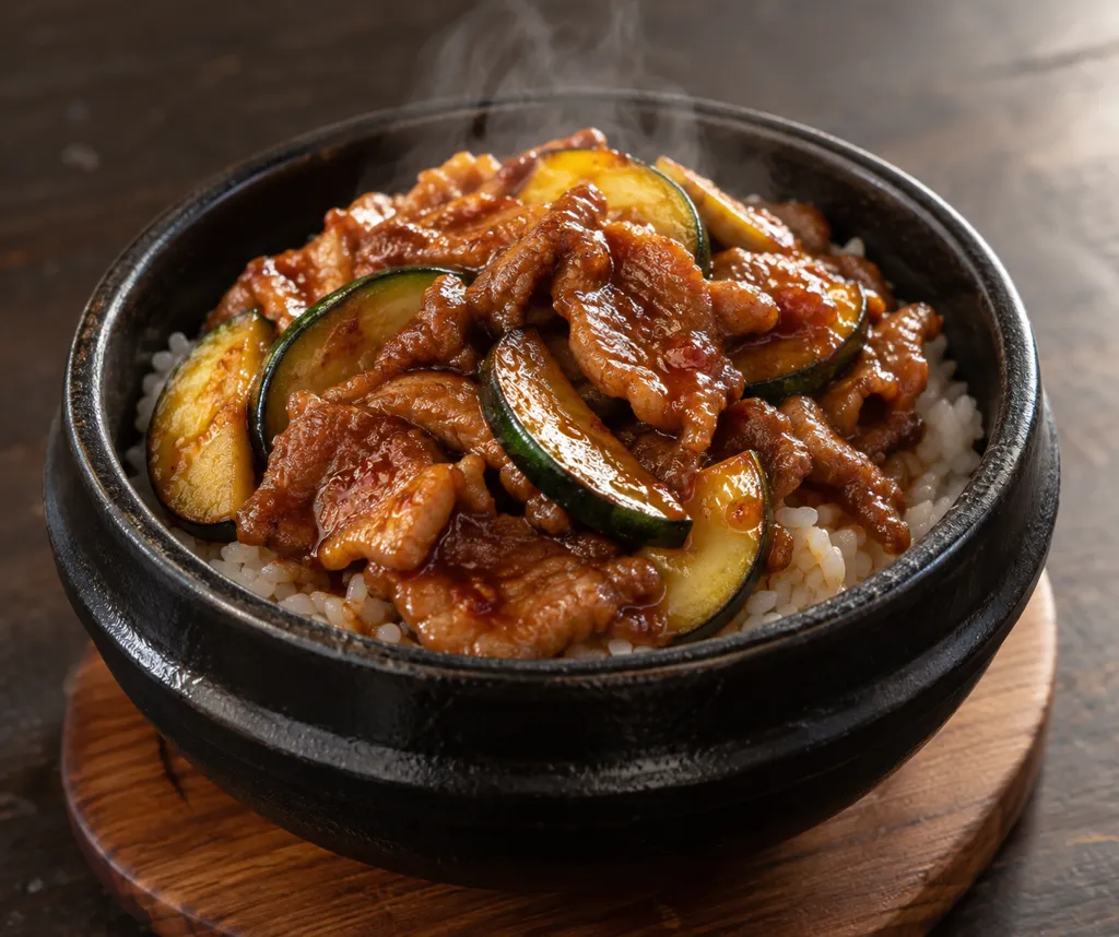 豚肩ロースとズッキーニの韓国甘辛丼の完成イメージ
