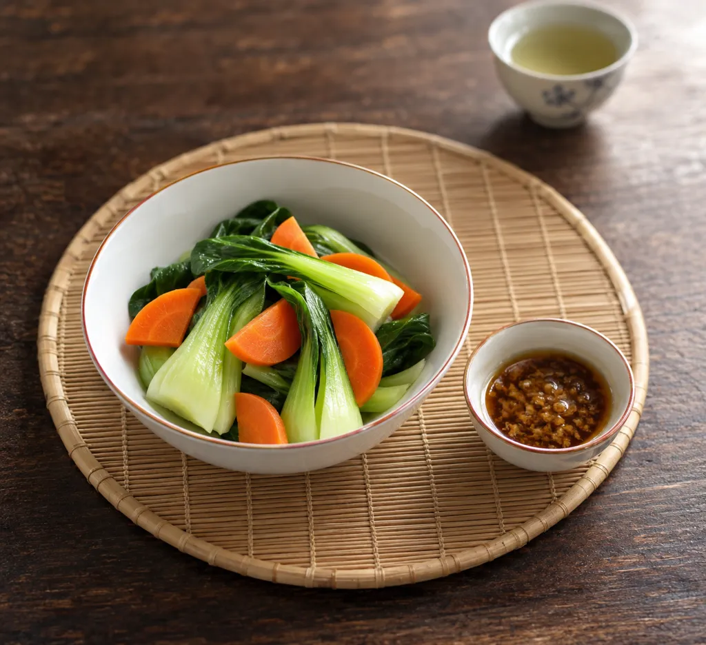 チンゲン菜とにんじんの蒸し野菜中華だれの完成イメージ