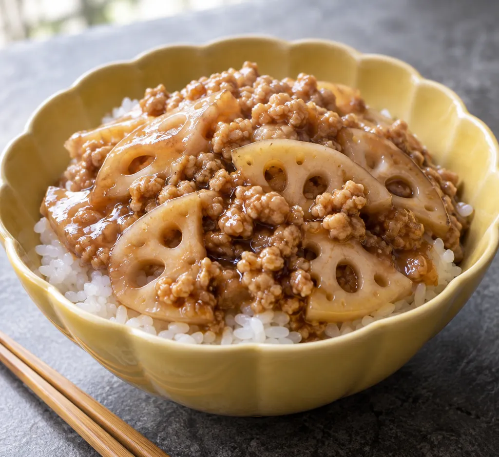 鶏ひき肉とれんこんの中華かけごはんの完成イメージ