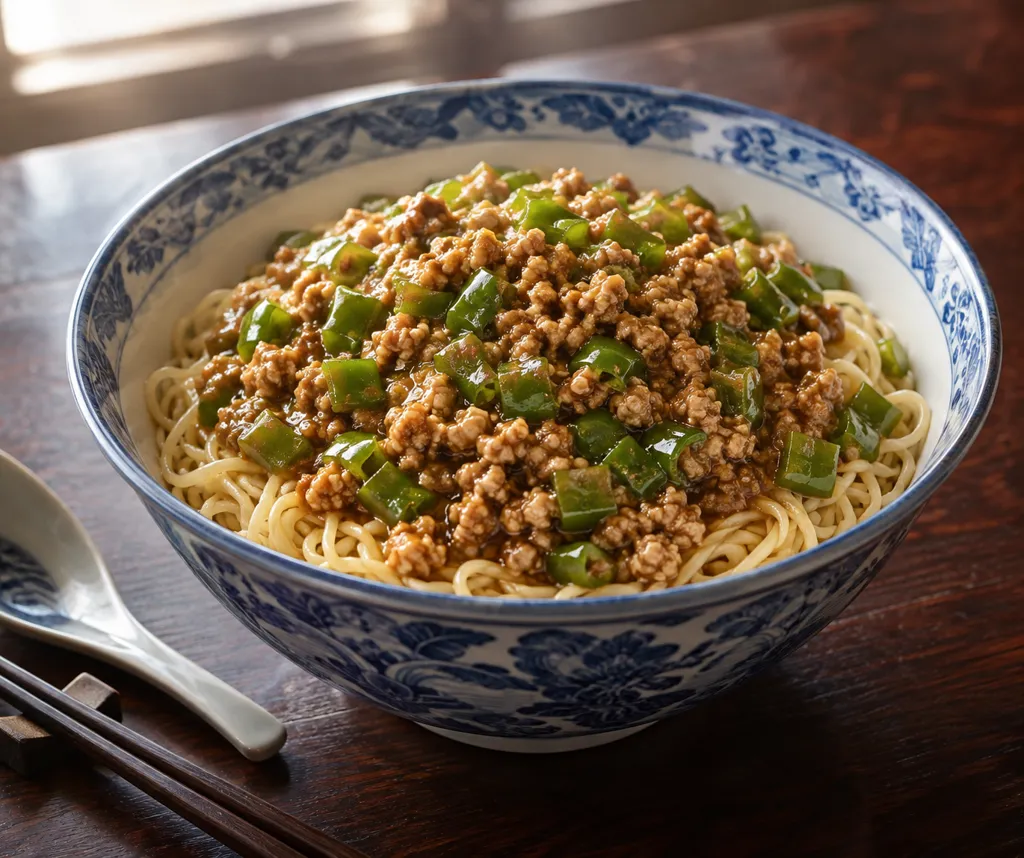 鶏ひき肉とピーマンのジャージャー麺の完成イメージ