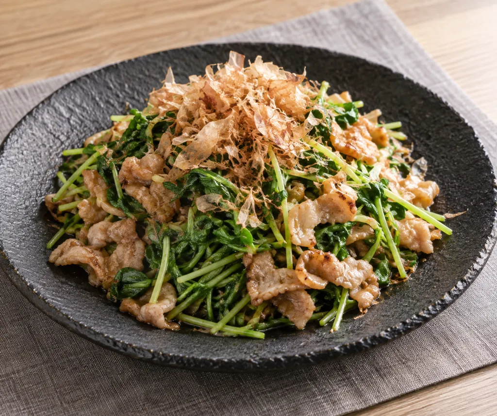 豚こま肉と豆苗のおかか炒めの完成イメージ
