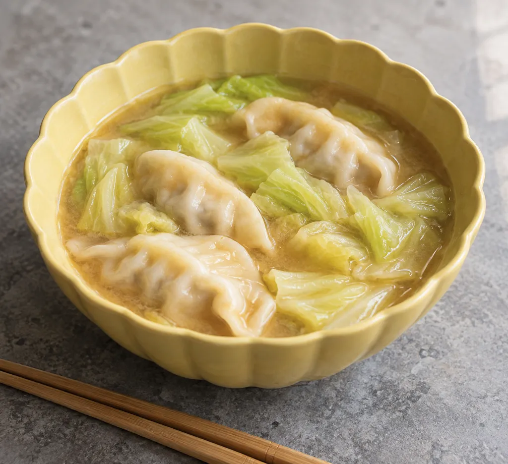 冷凍餃子とキャベツの味噌水餃子スープの完成イメージ