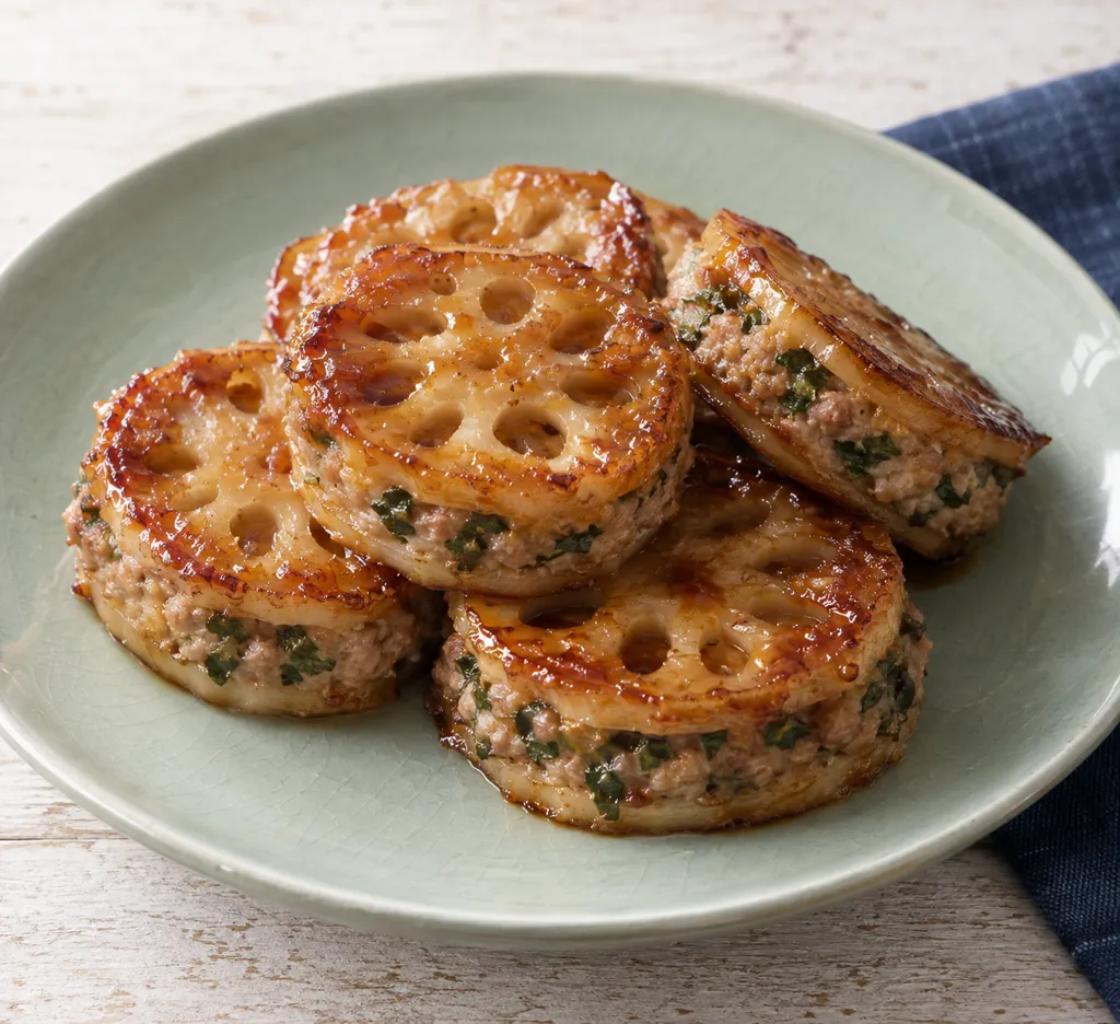 れんこんと豚ひき肉の大葉入りはさみ焼きの完成イメージ