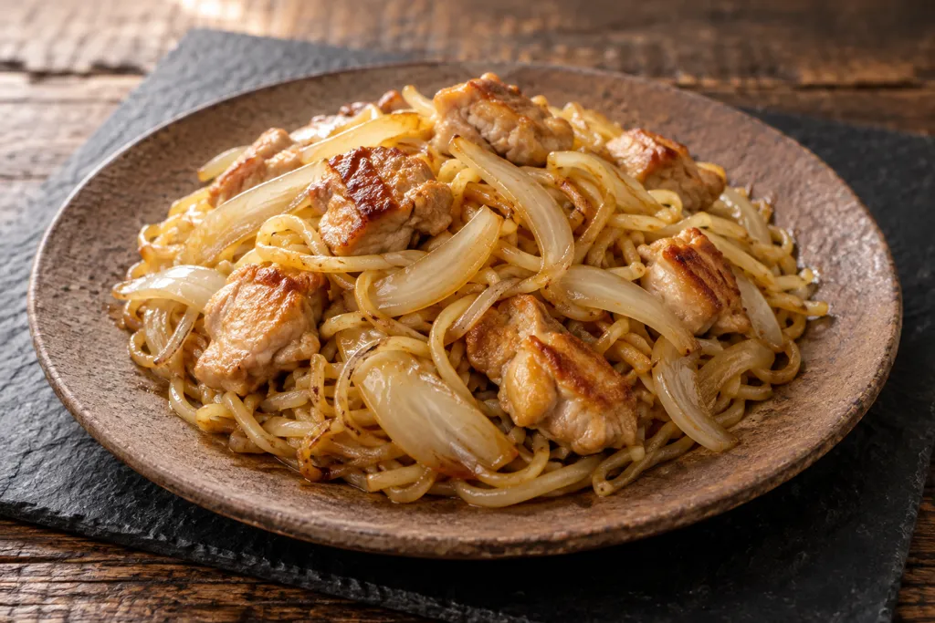 鶏もも肉と玉ねぎの塩焼きそばの完成イメージ