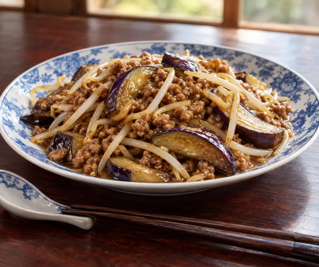 豚ひき肉となすのもやし中華炒めの完成イメージ
