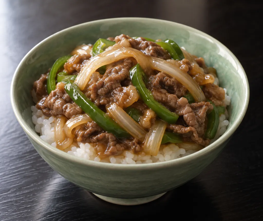 牛こま肉とピーマンのあんかけ丼の完成イメージ