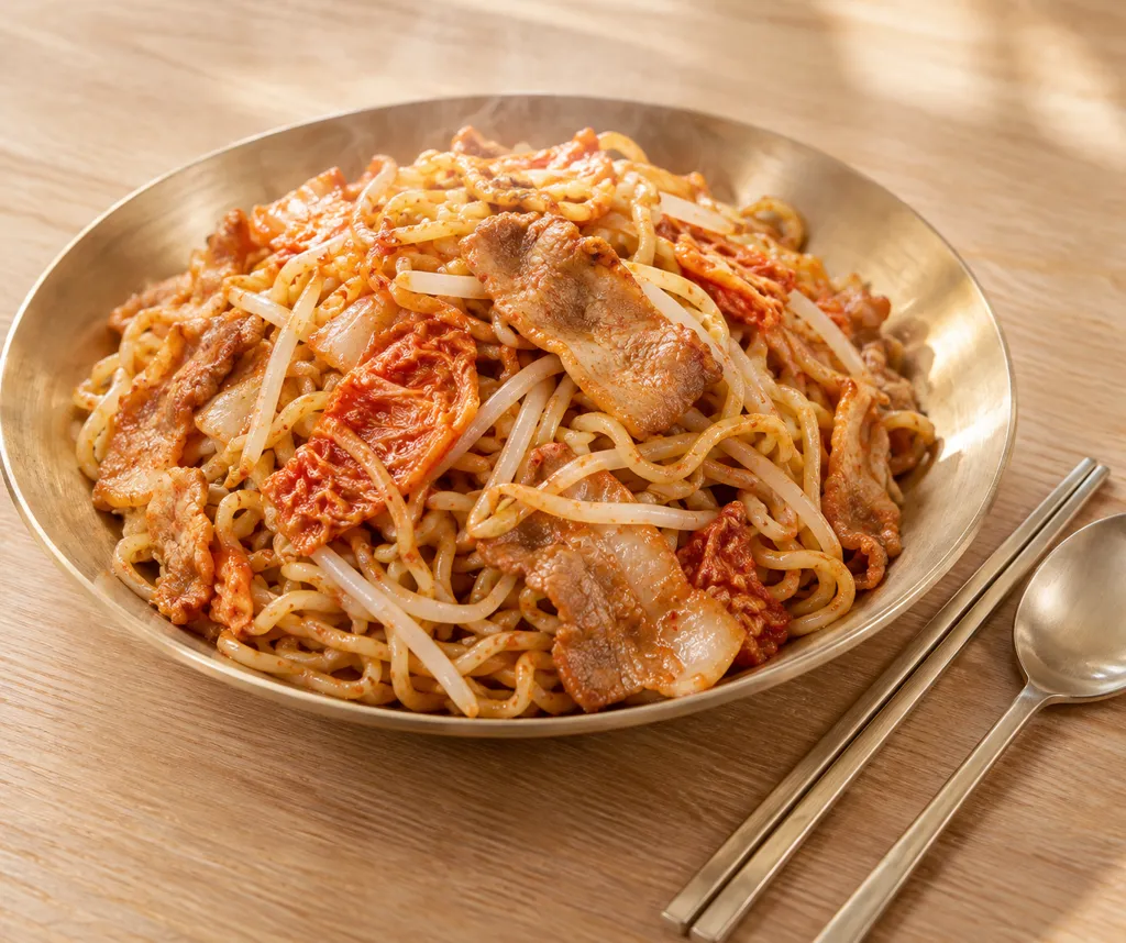豚バラ肉ともやしのキムチ焼きそばの完成イメージ