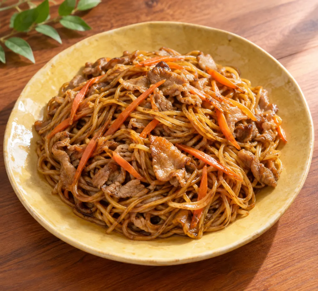 豚こま肉とにんじんのソース焼きそばの完成イメージ