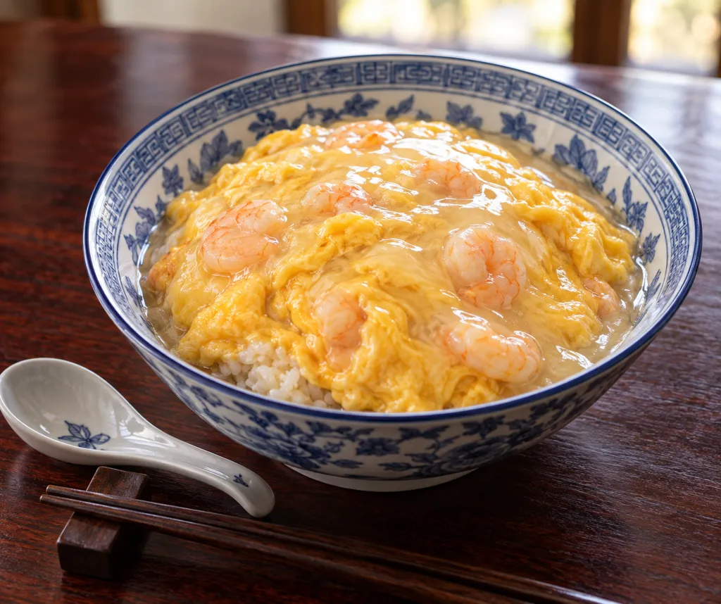 むきえびと卵の塩あん天津飯の完成イメージ