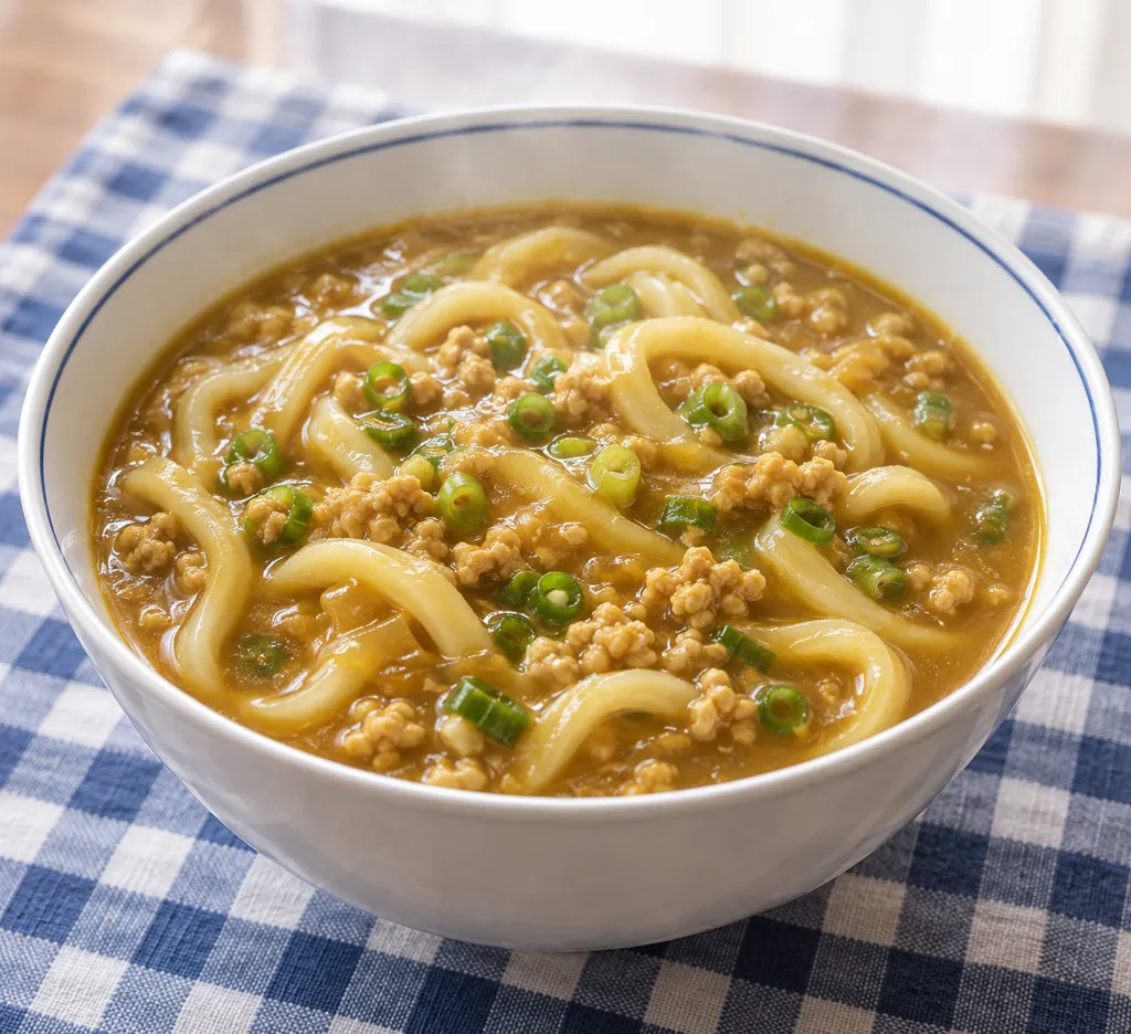 鶏ひき肉とねぎのカレーうどんの完成イメージ