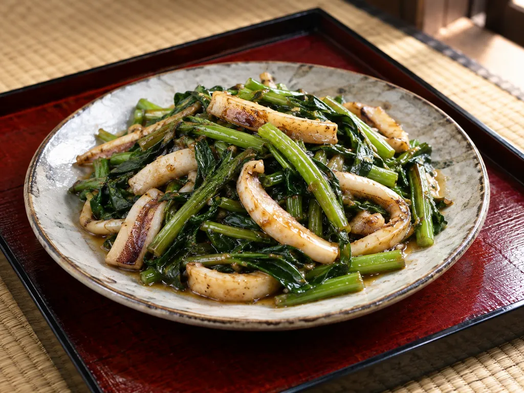 いかと空心菜のにんにくバター醤油炒めの完成イメージ