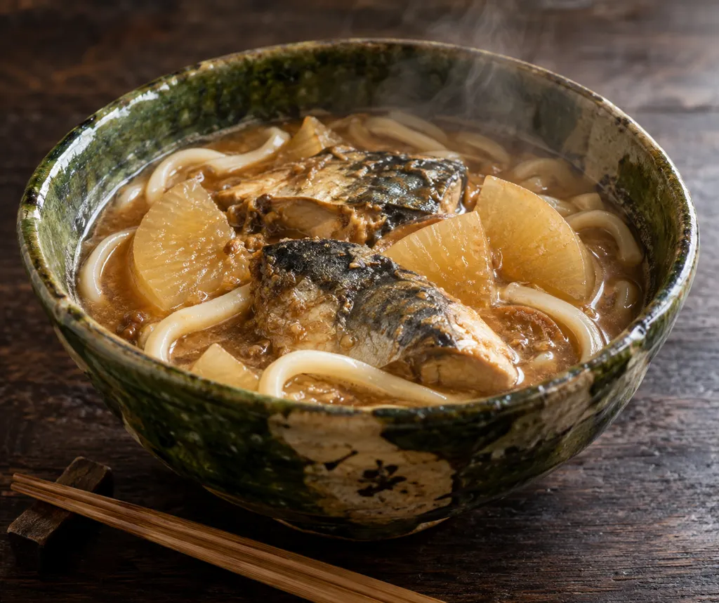 さばと大根の味噌煮込みうどんの完成イメージ