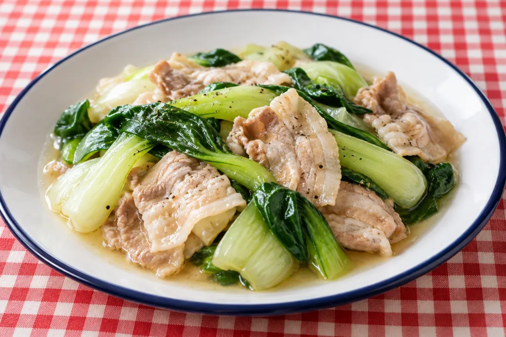 豚バラ肉とチンゲン菜のコンソメ蒸しの完成イメージ