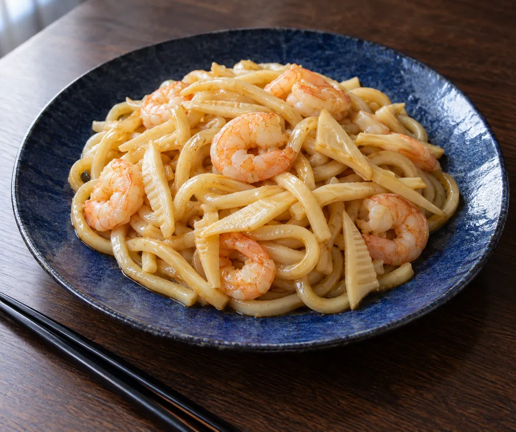 えびとたけのこの和風焼きうどんの完成イメージ