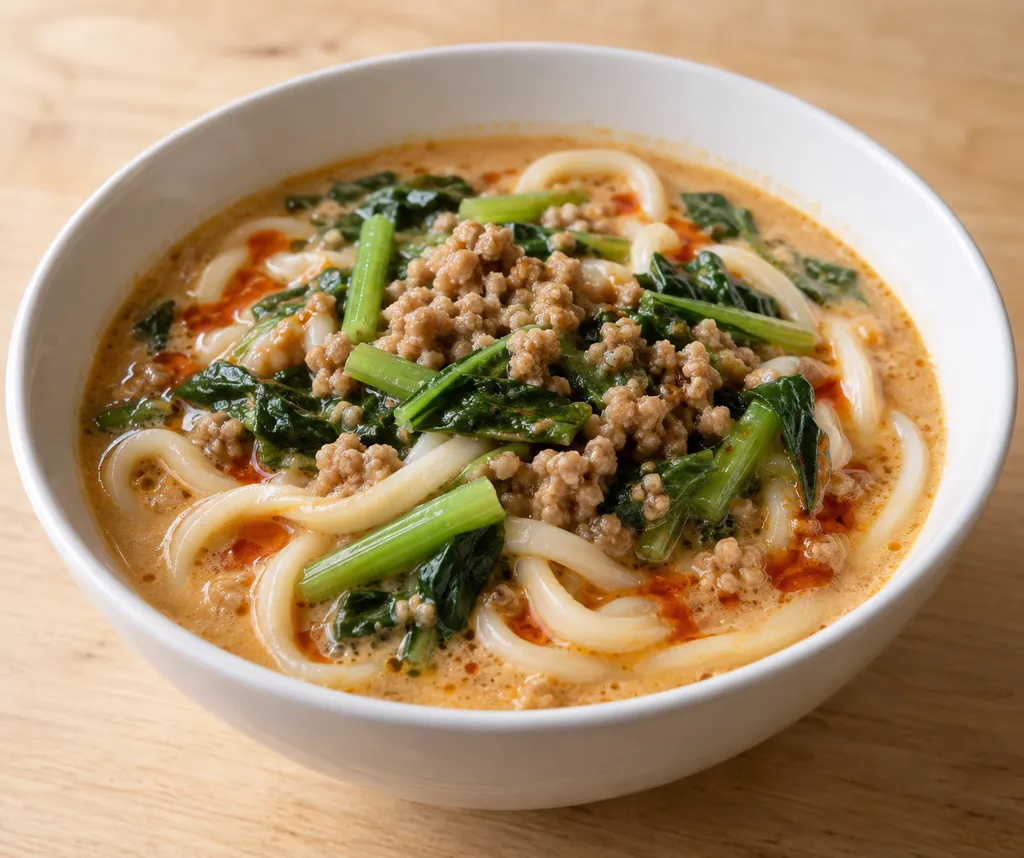 豚ひき肉と小松菜の味噌担々うどんの完成イメージ