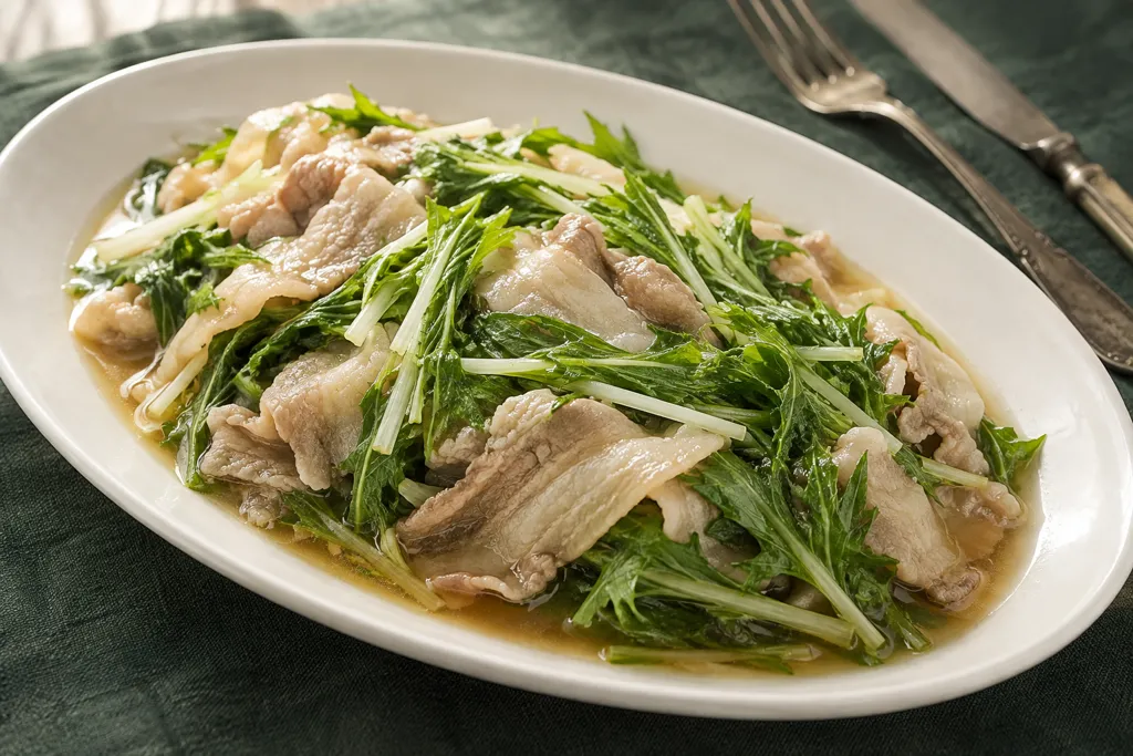 豚バラ肉と水菜のしょうがコンソメ蒸しの完成イメージ