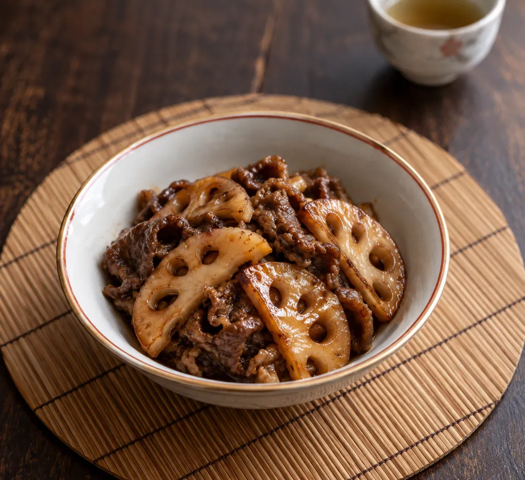 れんこんと牛こま肉の黒酢炒めの完成イメージ