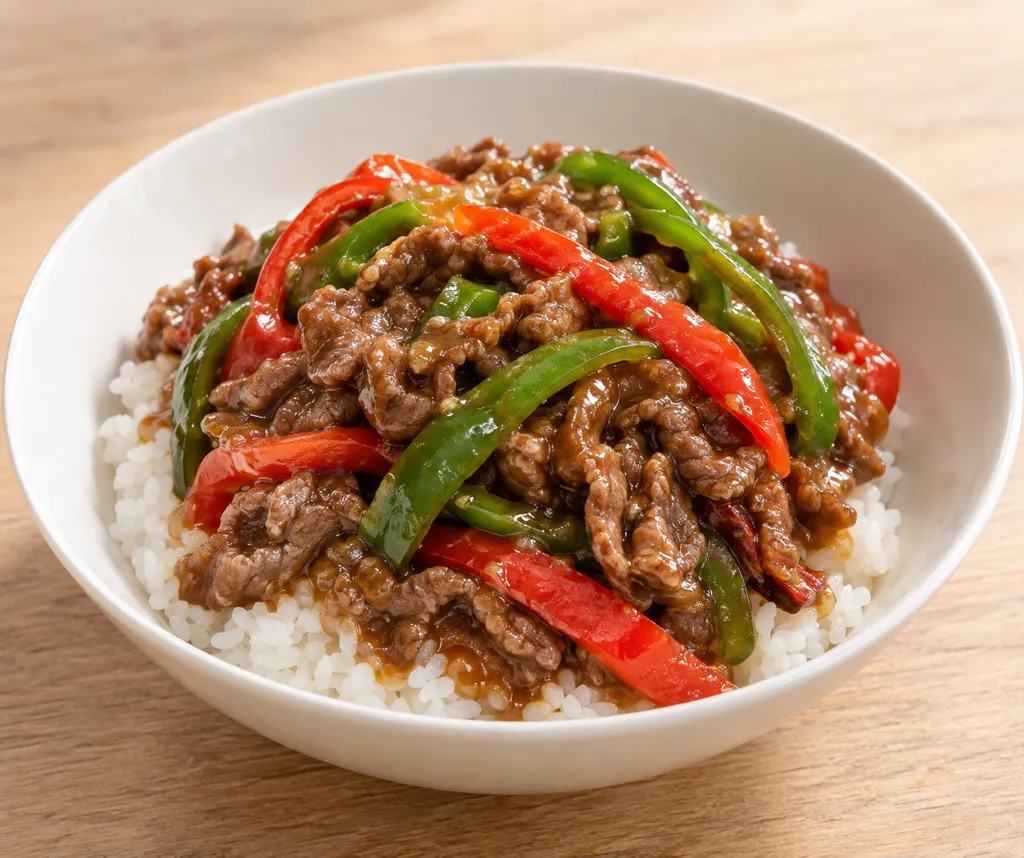 牛こま肉と彩りピーマンの中華かけごはんの完成イメージ