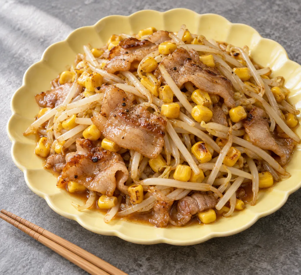 豚バラ肉ととうもろこしのもやし中華炒めの完成イメージ