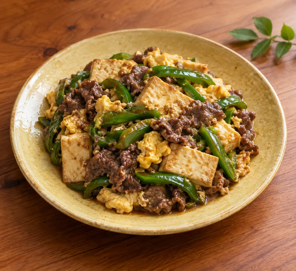 牛薄切り肉とピーマンの豆腐チャンプルーの完成イメージ
