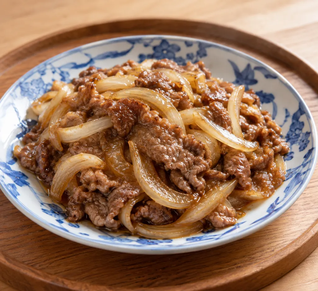 牛薄切り肉と玉ねぎの生姜焼きの完成イメージ