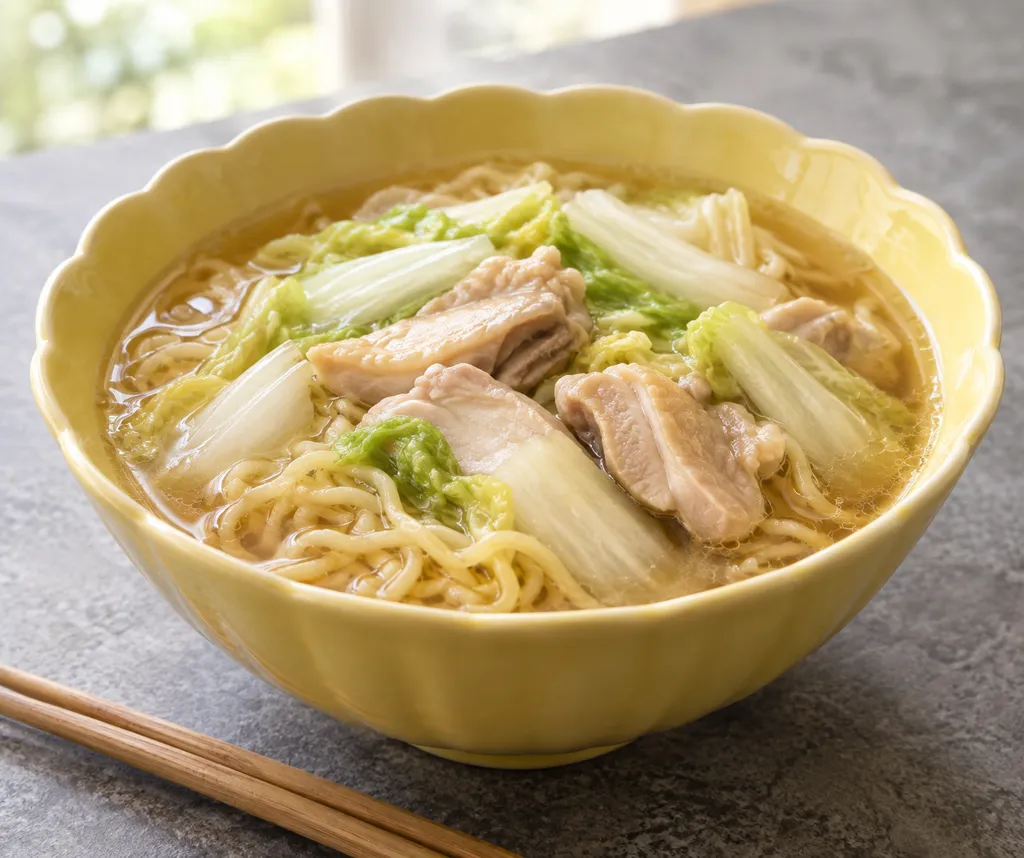 時短鶏もも肉と白菜の中華スープ麺の完成イメージ