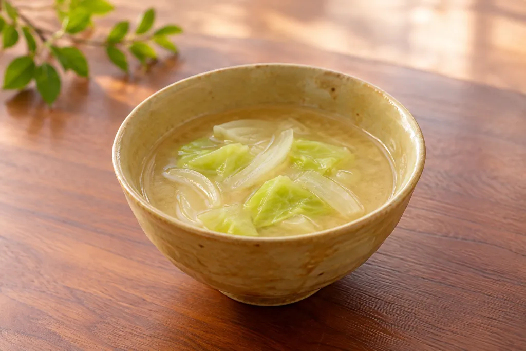 キャベツと玉ねぎの味噌汁の完成イメージ