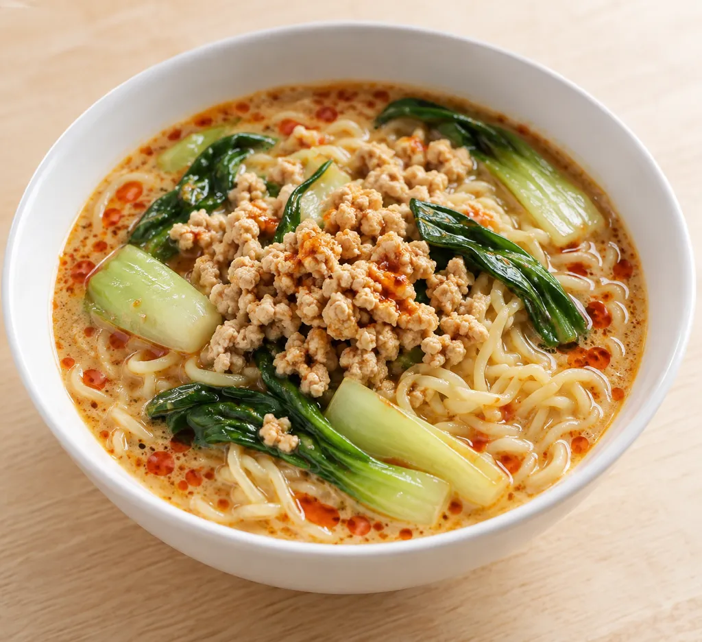 鶏ひき肉とチンゲン菜の担々麺の完成イメージ