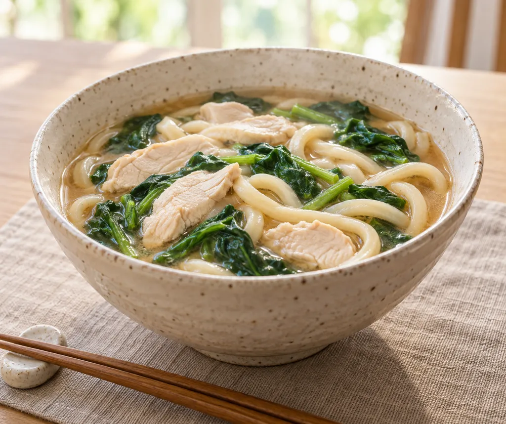 鶏むね肉とほうれん草の味噌煮込みうどんの完成イメージ