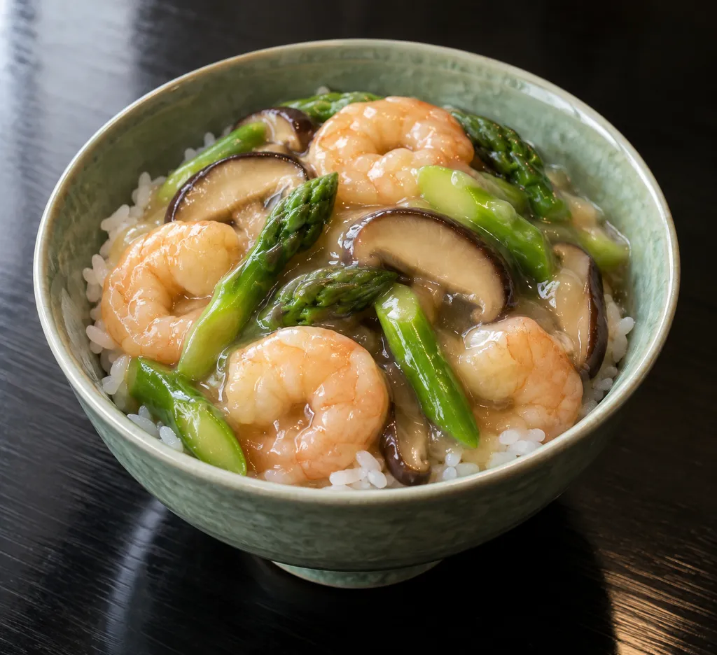 えびとアスパラガスの中華丼の完成イメージ