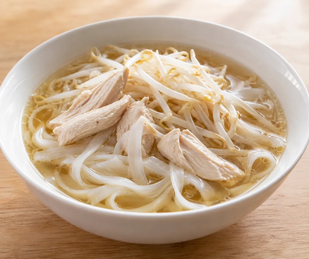 鶏むね肉ともやしの中華スープフォーの完成イメージ
