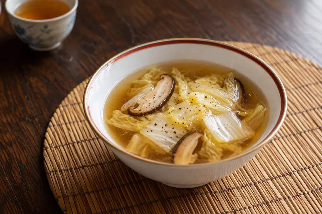白菜としいたけの醤油中華スープの完成イメージ