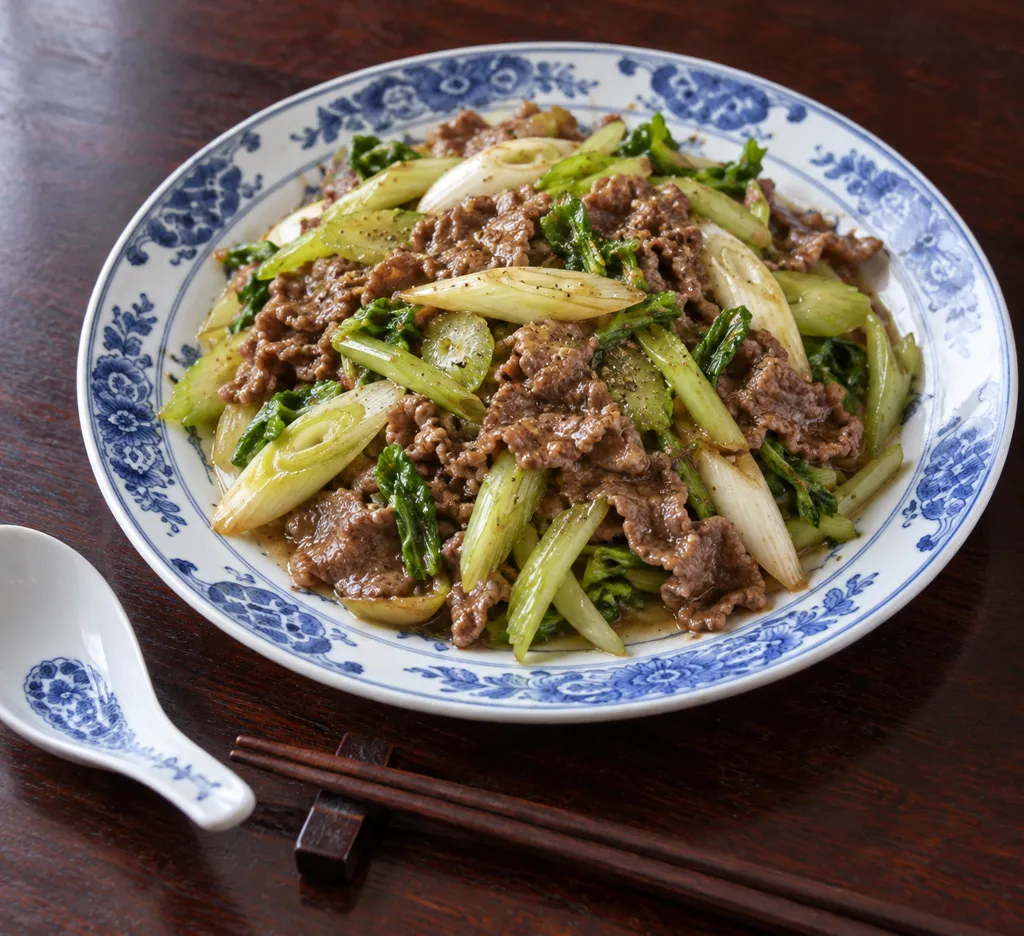 牛こま肉とセロリの中華炒めの完成イメージ