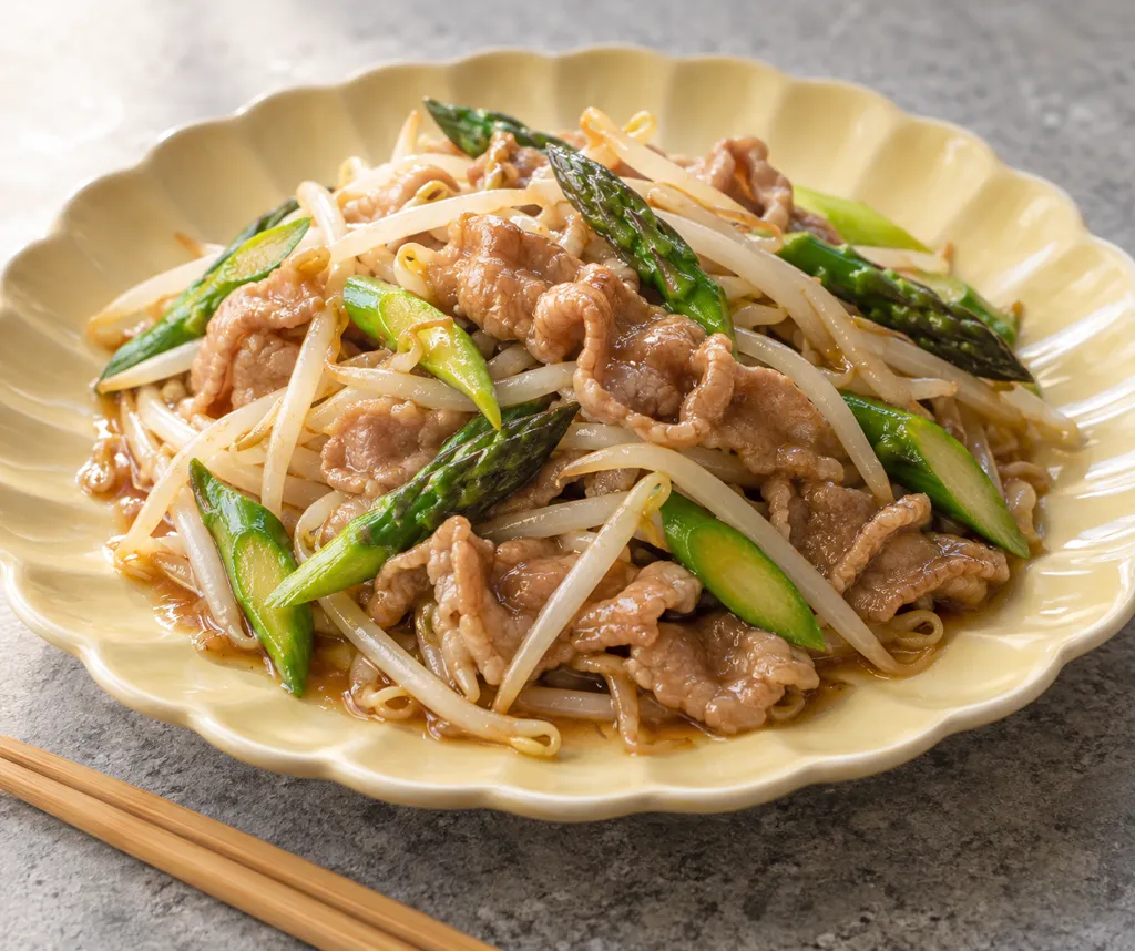 豚こま肉とアスパラガスの中華炒めの完成イメージ