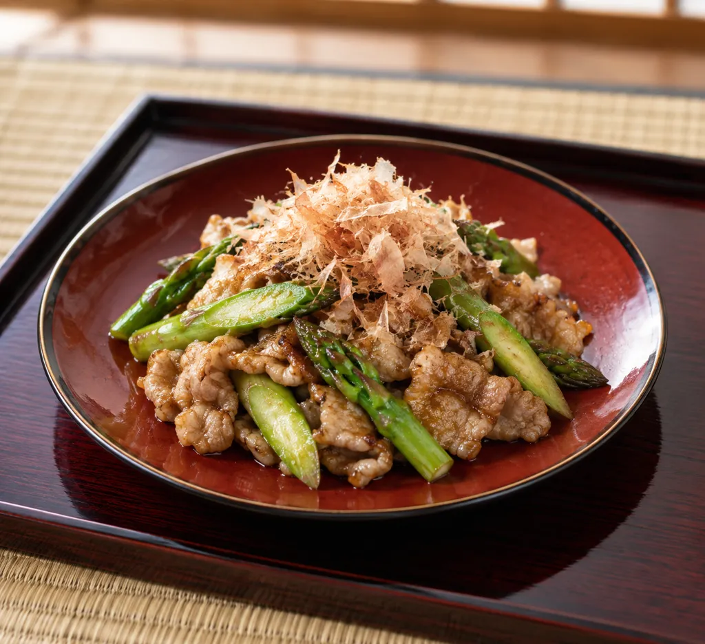 豚こま肉とアスパラガスのおかか炒めの完成イメージ