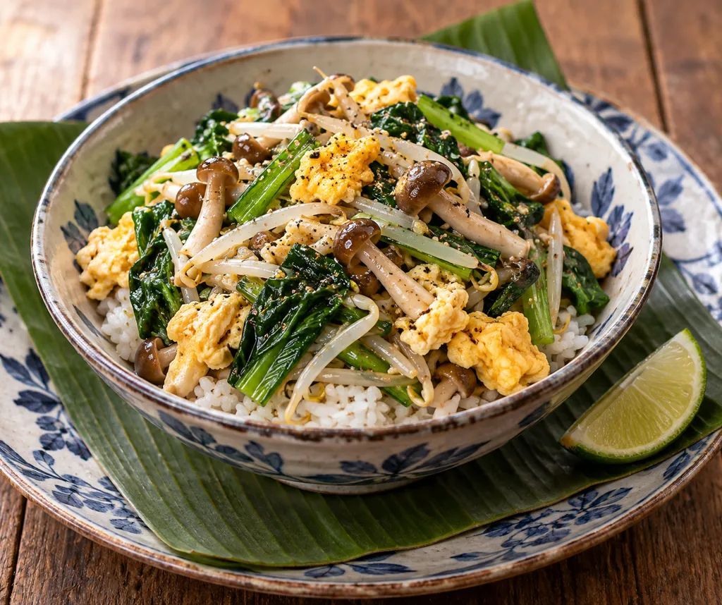 小松菜としめじのナムル丼の完成イメージ