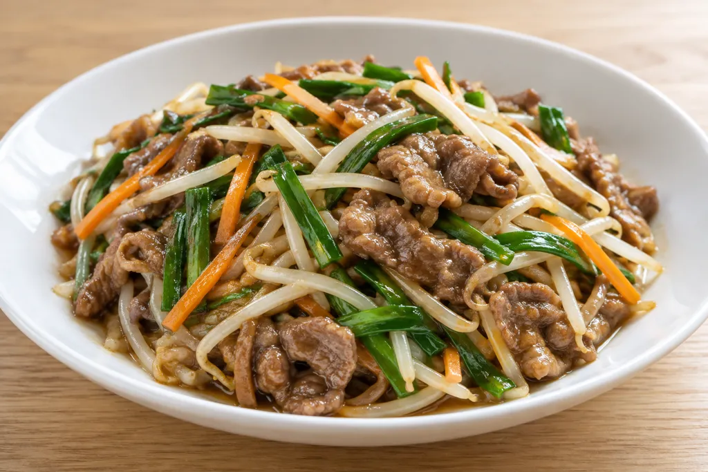 牛こま肉ともやしの炒め物の完成イメージ