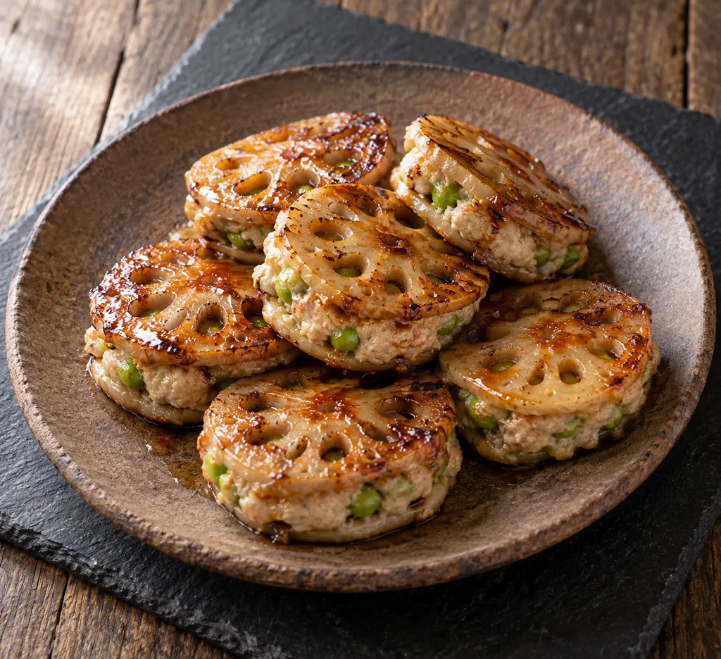 鶏肉と枝豆のれんこんはさみ焼きの完成イメージ