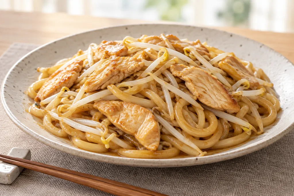 鶏むね肉ともやしのしょうが焼きうどんの完成イメージ