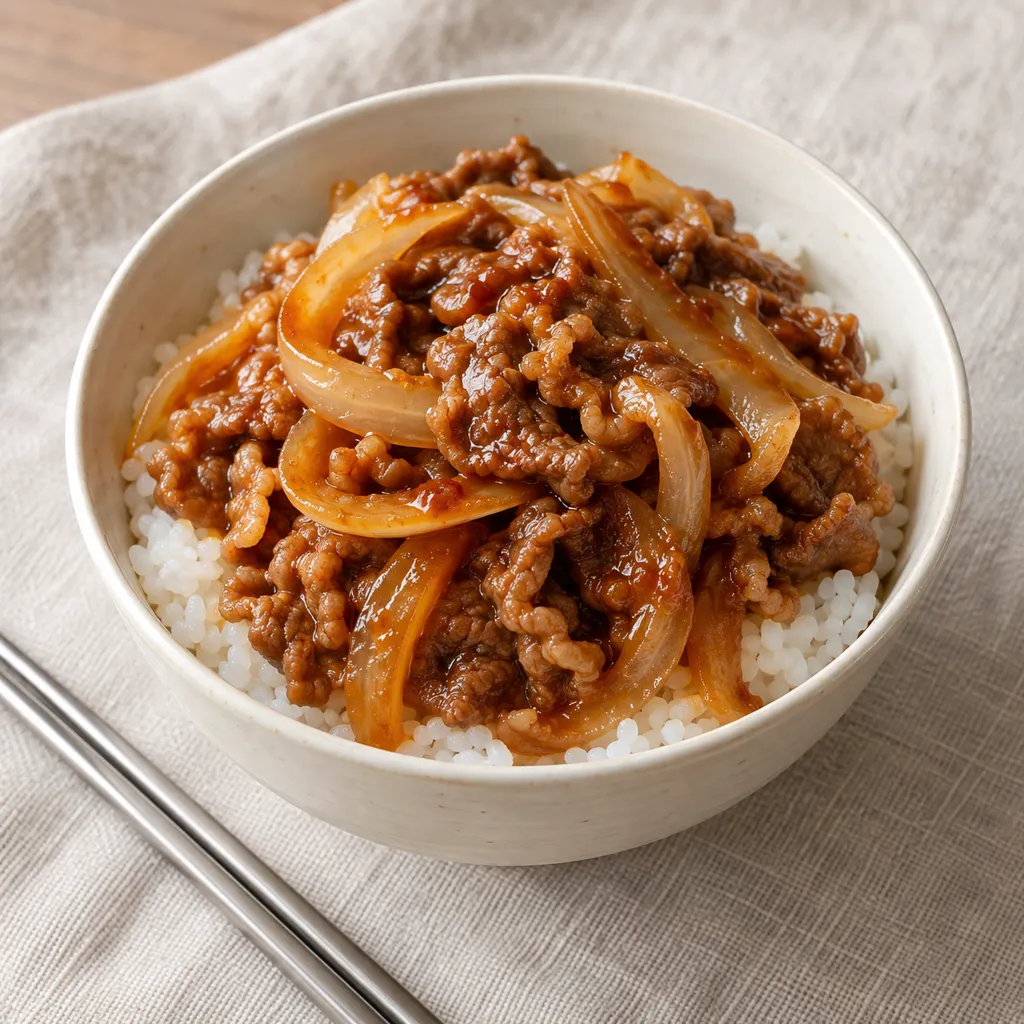 牛こま肉と玉ねぎの韓国甘辛丼の完成イメージ