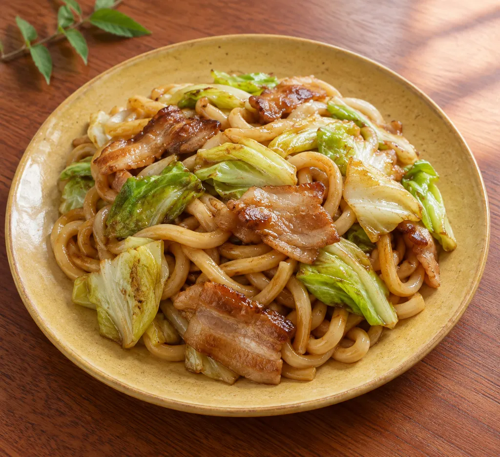 豚バラ肉とキャベツの和風焼きうどんの完成イメージ